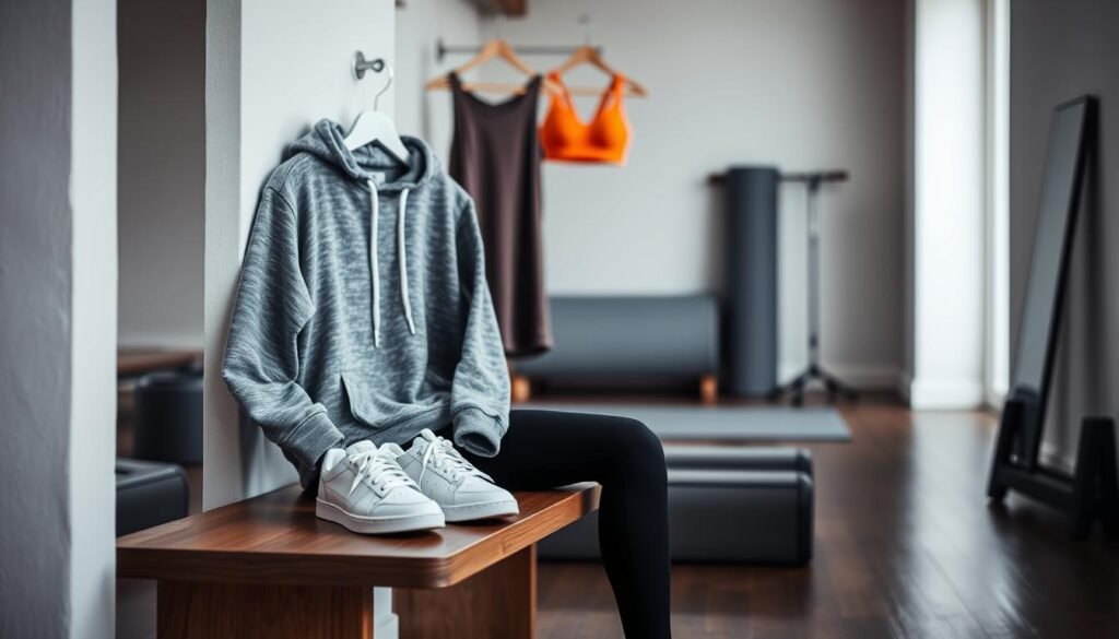 A cozy, well-lit loft space showcasing a stylish athleisure wardrobe. In the foreground, a grey marl hoodie, black leggings, and a pair of crisp white sneakers are neatly arranged on a minimalist wooden bench. In the middle ground, a sleeveless workout tank and a vibrant sports bra in a bold color pop against a muted palette. In the background, a glimpse of a grey yoga mat and a set of free weights suggest a dedication to fitness. The overall scene radiates a sense of effortless sophistication, capturing the essence of the "athleisure" aesthetic.