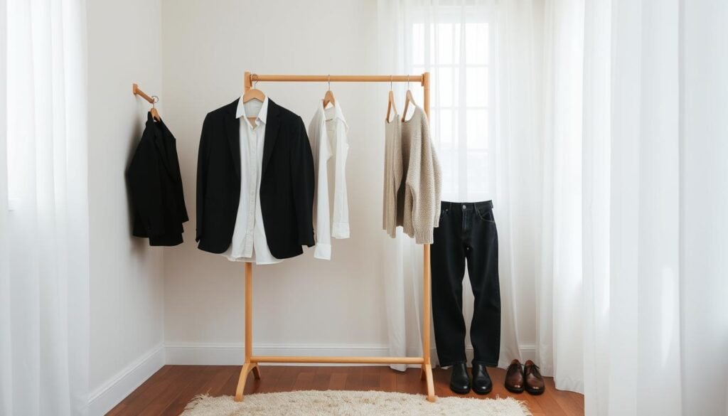 A cozy, well-lit room with soft natural lighting filtering through sheer curtains. In the middle, a minimalist wooden clothing rack with a few classic wardrobe essentials hanging neatly - a crisp white button-down shirt, a black blazer, dark denim jeans, and a neutral-colored sweater. On the floor, a plush area rug and a pair of timeless leather Oxford shoes. The walls are painted in a soothing neutral tone, and the overall atmosphere conveys a sense of simplicity, sophistication, and enduring style.