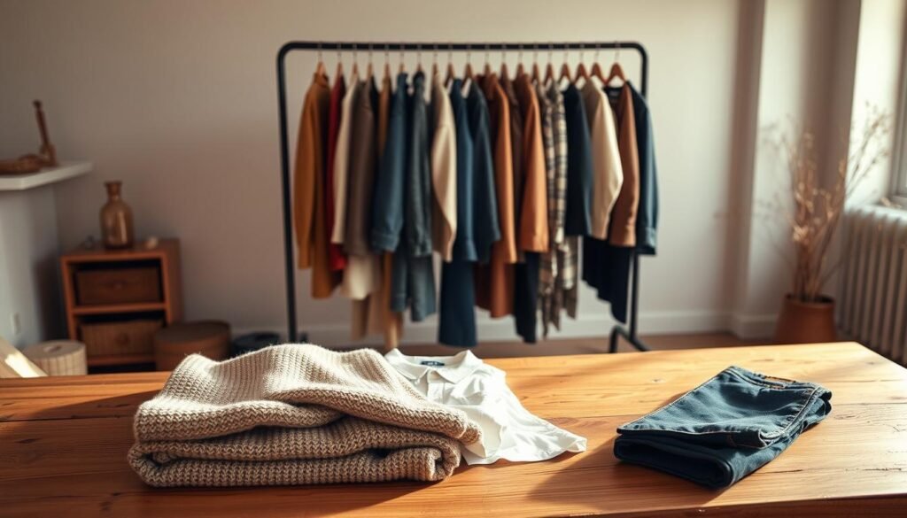 A cozy, well-lit studio setting with a large window bathing the scene in warm natural light. In the foreground, a collection of seasonal clothing items neatly arranged on a wooden table - a soft knit sweater, a crisp white button-down shirt, a pair of dark denim jeans, and a versatile leather jacket. In the middle ground, a large garment rack displays an array of coordinating pieces in autumnal hues, textured fabrics, and classic silhouettes. The background features neutral-toned walls, inviting the viewer to envision how these seasonal capsule updates can be seamlessly integrated into a minimalist wardrobe. The overall mood is one of effortless sophistication and timeless style.