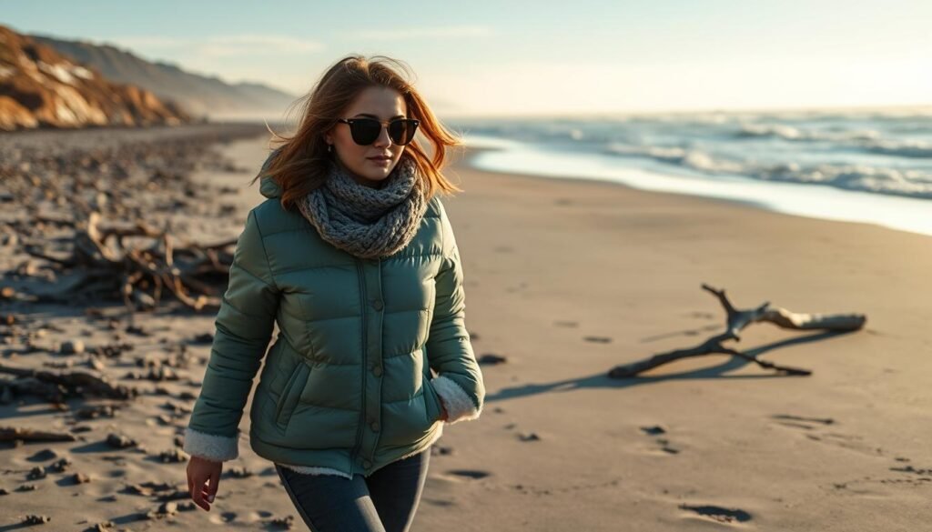 A cozy winter beach scene, with a young woman strolling along the shore, her hair gently tousled by the crisp, salty breeze. She wears a stylish puffer jacket in a muted seafoam green, its soft, quilted texture complementing the rugged backdrop of gray-capped waves and driftwood-strewn sand. Fleece-lined boots and a chunky knit scarf add practical warmth, while oversized sunglasses shield her eyes from the glare of the low winter sun. The overall mood is one of effortless sophistication, capturing the allure of braving the elements to enjoy the tranquil beauty of a secluded, off-season beach.
