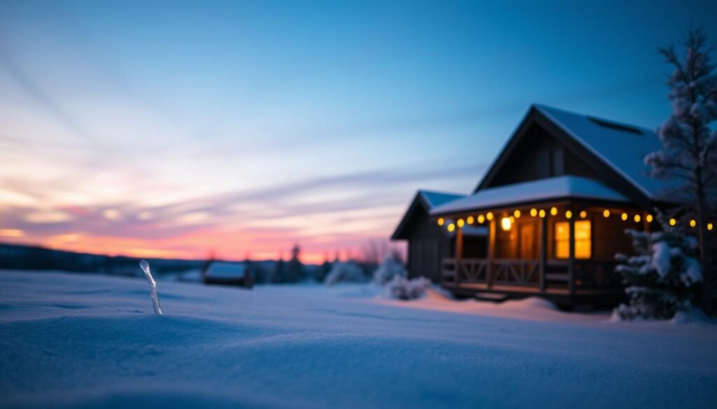A cozy winter evening, the sky aglow with a palette of soft pastel hues. In the foreground, a serene snowy landscape, delicate icicles catching the dying light. In the middle ground, a rustic wooden cabin, its warm lights casting a golden glow onto the scene. The background is a symphony of deep blues and purples, with a touch of pink and orange on the horizon, creating a sense of tranquility and introspection. The entire composition is bathed in a soft, diffused lighting, as if captured through a vintage camera lens, evoking a sense of timelessness and nostalgia.