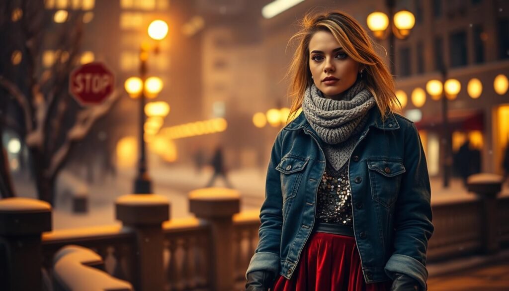 A cozy winter scene featuring a fashionable woman layering textures and fabrics for a chic nighttime look. In the foreground, she wears a stylish puffer coat with a high collar, paired with a chunky knit scarf and leather gloves. The middle ground showcases a mix of materials - a flowing velvet skirt, a shimmering sequined top, and a denim jacket. In the background, a snowy cityscape glows under warm, inviting lamplight, creating a moody, atmospheric ambiance. The overall composition highlights the artful combination of contrasting textures and layers, conveying a sense of effortless, high-fashion winter style.