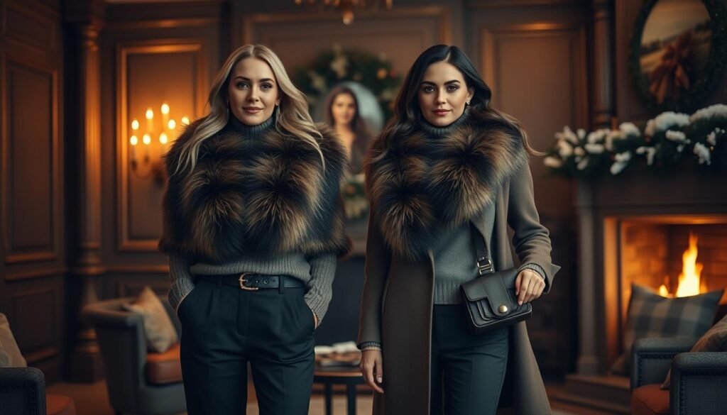 A cozy winter scene featuring two women in chic, fashionable outfits adorned with faux fur stoles. The women stand in a dimly lit, elegant living room, with a warm fire crackling in the background. Soft, golden lighting illuminates their faces and highlights the lush, plush texture of the faux fur accessories. The women's outfits consist of high-waisted, wide-leg pants, fitted sweaters, and sleek, tailored coats - a perfect blend of comfort and sophistication. Their expressions convey a sense of calm, contentment, and an air of refined style. The overall atmosphere is one of inviting, winter luxury.