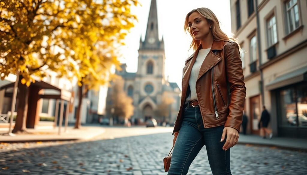 A crisp autumn day, soft sunlight filters through golden leaves. In the foreground, a fashionable woman strolls, clad in a tailored leather jacket, its rich chestnut hue complementing her jeans and ankle boots. Her outfit seamlessly blends casual and elegant, a study in seasonal transition style. The middle ground reveals a picturesque city street, cobblestones and quaint storefronts adding an old-world charm. In the background, a towering cathedral stands, its grand architecture framing the scene. The lighting is warm and flattering, accentuating the textures of the leather and casting gentle shadows. Captured with a medium-wide lens, the composition draws the eye through the layers of the image, creating a visually compelling "seasonal leather jacket outfit inspiration".