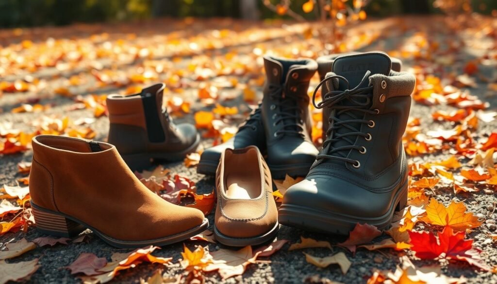 A crisp autumn day, with warm sunlight casting a cozy glow. In the foreground, an assortment of fall footwear essentials is neatly arranged: a pair of suede ankle boots with a chunky heel, a sleek leather loafer in a rich cognac hue, and a pair of waterproof lace-up hiking boots with a rugged tread. In the middle ground, fallen leaves in shades of gold, crimson, and auburn create a natural backdrop, hinting at the changing seasons. The overall mood is one of practicality and effortless style, capturing the spirit of casual fall dressing.