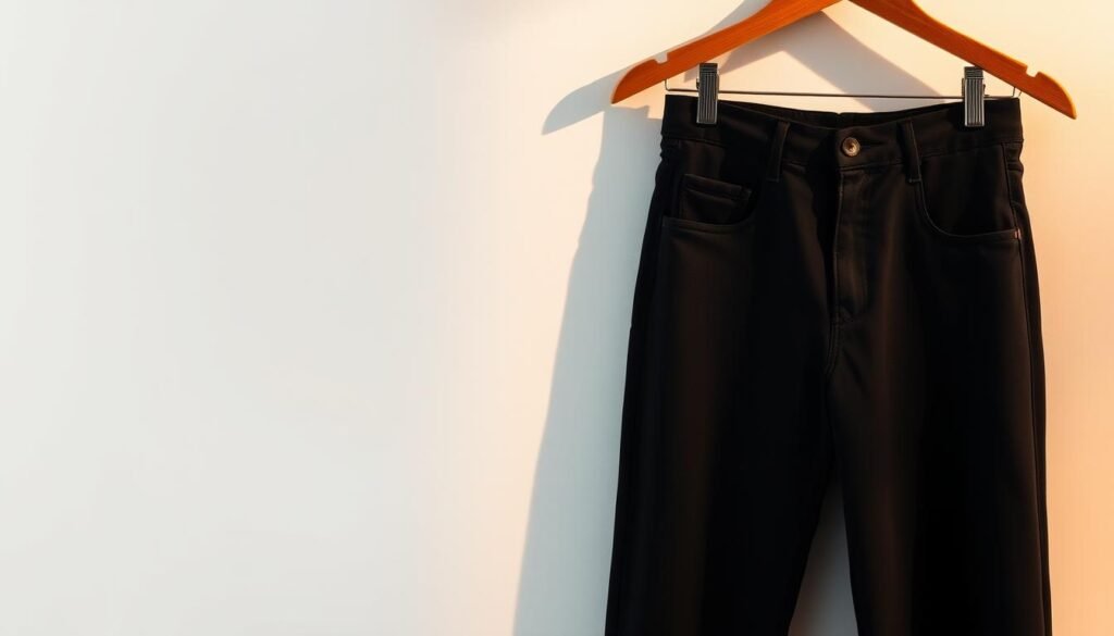 A crisp, dark pair of black jeans hangs neatly on a wooden clothes hanger, casting a soft shadow on the minimalist white background. The fabric is smooth and sleek, with subtle variations in tone that catch the warm, diffused lighting from an unseen source, creating a sense of depth and texture. The jeans are presented in a clean, straightforward manner, allowing their versatility and timeless style to take center stage, perfectly embodying the section's theme of the versatility of jeans and black in one's wardrobe.