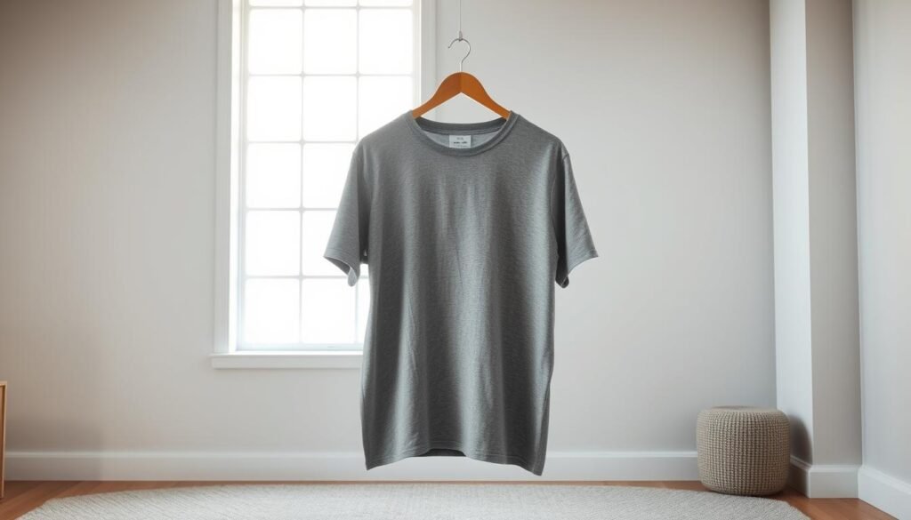 A crisp, well-fitted gray cotton t-shirt, its soft fabric subtly shimmering under natural daylight flooding through a large window. The garment is the focal point, positioned centrally against a minimalist backdrop of muted grays and whites, creating a clean, elevated aesthetic. The lighting is soft and diffused, emphasizing the shirt's simple elegance and versatility. The camera angle is slightly elevated, giving a sense of the shirt's comfortable, effortless style. An inviting, serene atmosphere sets the stage for showcasing the gray shirt as a wardrobe essential - a versatile, timeless piece that can anchor countless stylish outfits.