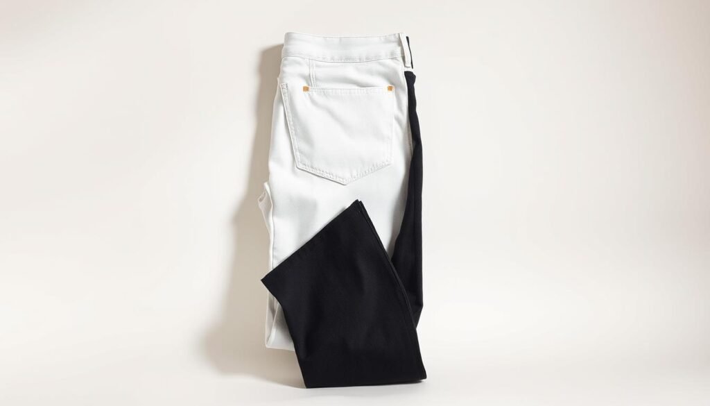 A crisp, well-lit studio scene showcasing a pair of high-quality white and black denim jeans. The jeans are neatly folded and presented against a plain, off-white background, allowing the versatile colors and textures to take center stage. Subtle shadows and highlights accentuate the smooth, premium fabric, conveying a sense of quality and refinement. The lighting is soft and diffused, creating an elegant, almost minimalist atmosphere that emphasizes the inherent style and versatility of these timeless wardrobe staples. The camera angle is slightly elevated, providing a clean, uncluttered view that invites the viewer to appreciate the inherent beauty and adaptability of white and black denim.