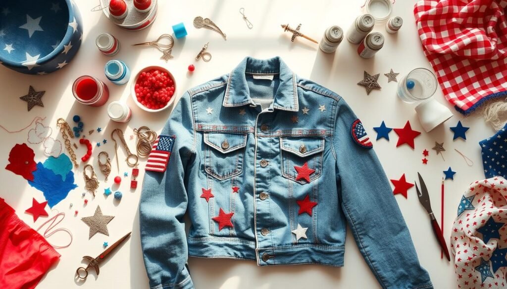 A crisp white tabletop with an array of vibrant, patriotic-themed craft supplies scattered across it - acrylic paints in bold red, white, and blue hues, jeweled embellishments, metal charms, sewing notions, and an assortment of fabrics in playful patterns. In the center, a DIY project takes shape - a denim jacket being customized with hand-painted designs, embroidered stars, and patriotic patches. Overhead, natural sunlight streams in, casting a warm, artisanal glow across the scene. The mood is one of creative inspiration and DIY joy, perfect for capturing the spirit of crafting unique, personalized accessories.