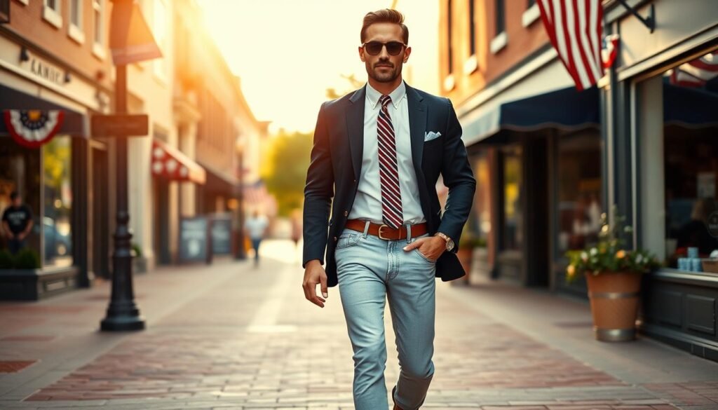 A dapper gentleman strolls down a sun-dappled Main Street, embodying the spirit of Americana chic. He sports a tailored navy blazer with brass buttons, crisp white button-down, and well-fitted light wash denim jeans. His ensemble is completed by a stylish brown leather belt, cognac wingtips, and a red and white striped necktie, lending a touch of classic preppy flair. The warm afternoon light casts a pleasant glow, highlighting the man's confident yet relaxed demeanor as he navigates the quaint town center, its storefronts adorned with patriotic bunting and stars and stripes. This image captures the essence of modern American style - sophisticated, timeless, and imbued with a sense of timeless charm.