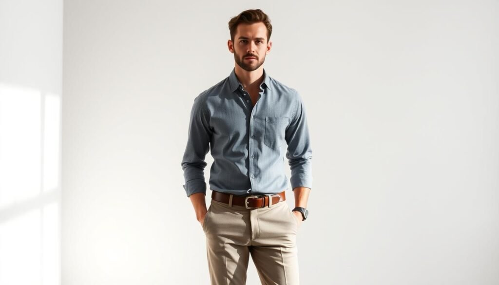 A debonair gentleman stands in a well-lit studio, clad in a crisp gray button-down shirt and tailored chinos. The lighting casts soft shadows, accentuating the clean lines of his attire. The background is a minimalist, neutral palette, allowing the subject to take center stage. The camera captures the ensemble from a slightly elevated angle, exuding an air of sophistication and effortless style. This look seamlessly transitions from the office to a semi-formal social gathering, blending comfort and elegance with panache.