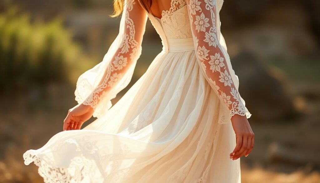 A delicate, feminine boho lace wedding dress with a flattering silhouette, sheer long sleeves, and a flowing skirt. The dress is adorned with intricate floral lace details that create a dreamy, ethereal look. Soft, natural lighting bathes the scene, casting a warm, romantic glow on the dress. The angle is slightly elevated, capturing the dress in a three-quarter view to highlight the lovely lace textures and movement of the skirt. The background is hazy and out of focus, creating a sense of timelessness and allowing the dress to be the central focus.