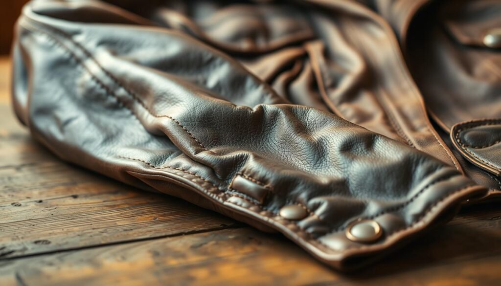 A detailed close-up image of a well-worn leather jacket, showcasing its rugged texture and natural patina. The jacket is positioned on a wooden surface, with a gentle warm lighting illuminating its surface. The background is blurred, creating a soft, atmospheric setting that emphasizes the focus on the jacket. The lighting and angles highlight the unique creases, folds, and imperfections that give the jacket character, conveying a sense of history and care. The image should inspire the viewer to consider the proper maintenance and preservation of a beloved leather jacket.