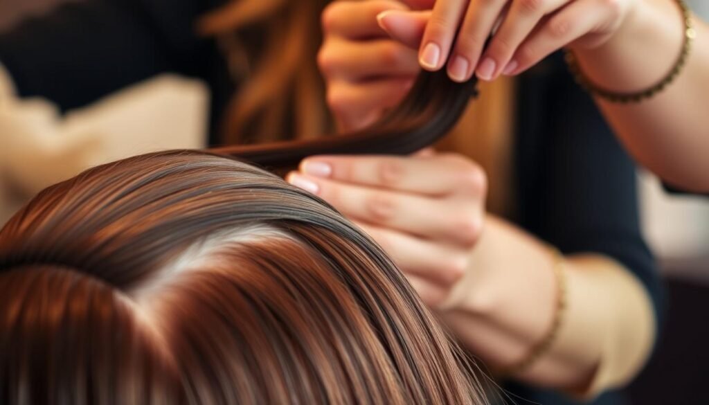 A detailed close-up view of an NBR hair extensions installation process, capturing the various steps with precision. In the foreground, a model's head is shown, with sections of their hair neatly divided and prepared for the extensions. The middle ground features the skilled hands of a hairstylist carefully applying the NBR hair strands, blending them seamlessly with the natural hair. The background is softly blurred, creating a focus on the intricate technique. Warm, natural lighting illuminates the scene, showcasing the delicate process in a professional, high-quality manner.