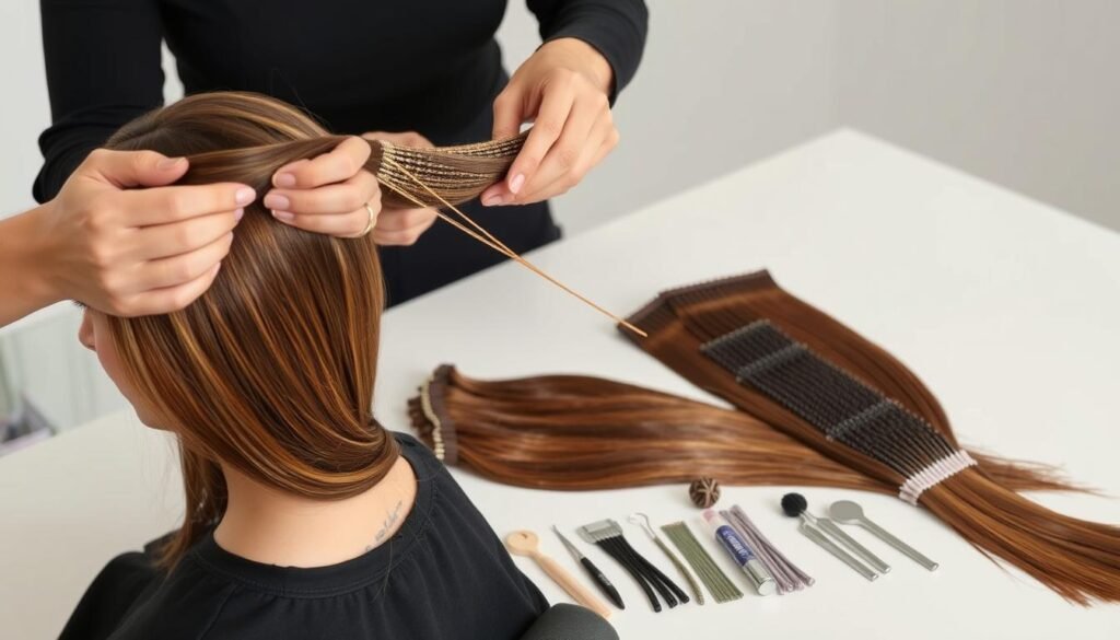 A detailed, high-resolution image of the natural beaded row hair extension application process. The foreground shows a model's head with their hair neatly sectioned, and a stylist's hands carefully attaching the beaded row extensions strand by strand, creating a seamless and natural-looking result. The middle ground depicts the layout of the beaded row tools and products used, such as the extension wefts, beads, and application tools, all shot in crisp, evenly-lit studio lighting. The background is a clean, minimalist space with neutral tones, allowing the focus to remain on the intricate application technique.