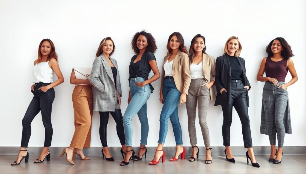 A diverse group of fashionable women, each with a distinct body type, posing gracefully against a chic, minimalist backdrop. Soft, natural lighting illuminates their stylish outfits, accentuating the unique features of pear, hourglass, rectangular, and apple shapes. The women exude confidence and sophistication, showcasing how the right clothing choices can flatter and empower different body types. A seamless blend of timeless elegance and modern flair, capturing the essence of effortless style at any age.