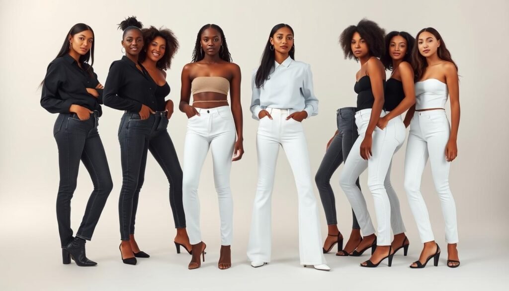 A diverse group of models showcasing a range of white and black denim jeans, shot in a clean, minimalist studio setting with soft, diffused lighting. The jeans are featured from various angles, highlighting their fit, texture, and versatility across different body types - slim, curvy, athletic, and tall. The models are posed naturally, showcasing how the jeans can be styled for a polished, effortless look. The overall mood is sleek, sophisticated, and inclusive, inviting the viewer to imagine how these versatile denim pieces could complement their own unique shape and personal style.
