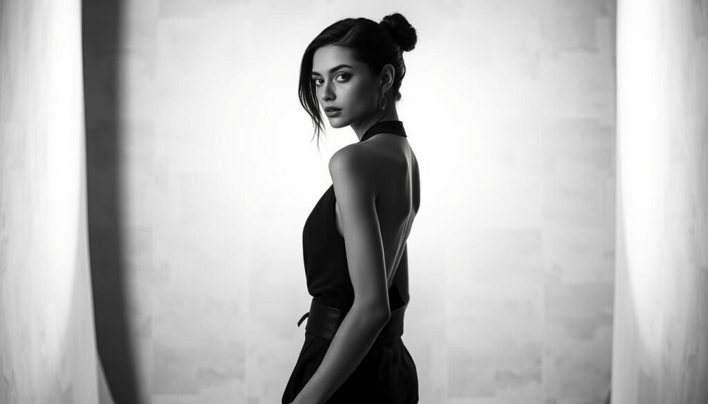 A dramatic black and white fashion scene, with a striking model in a timeless monochrome ensemble. Elegant, high-contrast lighting illuminates the foreground, casting dramatic shadows and highlights that accentuate the sculptural silhouette. The model stands poised, shoulders back, exuding effortless confidence. The background is a minimalist, textured studio setting, keeping the focus solely on the model's powerful presence. The resulting image conveys the enduring allure of black and white fashion, a study in sophisticated simplicity and timeless style.