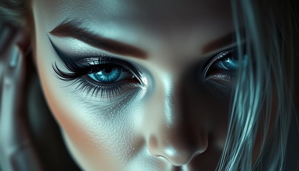 A dramatic eye look with exaggerated, doll-like lashes framing intense, icy blue eyes. Silvery, metallic eyeshadow blended seamlessly, accentuating the high cheekbones. Intricate, crystalline details sparkle against the skin, casting a mesmerizing, otherworldly glow. Soft, diffused lighting from the side creates dramatic shadows, emphasizing the piercing stare. Shot in a close-up, cinematic angle to capture the captivating, alluring expression. Evocative of high-fashion editorial and cinematic sci-fi aesthetics.