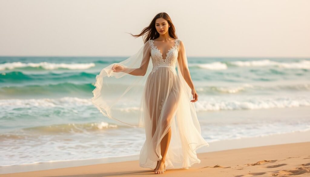 A dreamy, ethereal boho beach wedding dress flowing gracefully in the soft ocean breeze. The delicate ivory chiffon fabric cascades over the model's shoulders, accentuating her sun-kissed skin. Intricate floral embroidery and lace detailing adorn the bodice, complementing the airy, romantic silhouette. The dress gently billows around her as she stands barefoot on the golden sandy beach, against a backdrop of turquoise waves and a hazy, pastel sky. Soft, natural lighting bathes the scene, creating a glowing, ethereal atmosphere. The overall impression is one of effortless bohemian elegance and serene, coastal charm.
