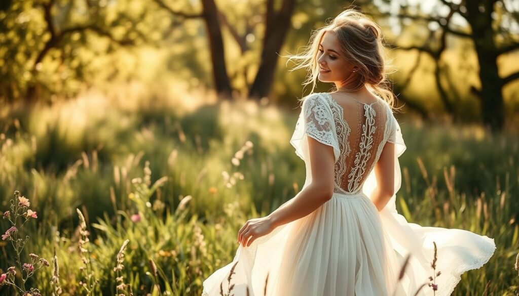 A dreamy, rustic chic boho wedding dress in a sun-dappled meadow. The flowing, lace-trimmed gown with sheer sleeves and an open, embroidered back sways gently in a light breeze. Wildflowers and tall grasses frame the model, their soft colors complementing the ivory and earthtones of the dress. Sunlight filters through the trees, casting a warm, romantic glow and creating delicate shadows that accentuate the dress's intricate details. The model's hair is tousled in a loose, bohemian style, and her expression is serene and joyful, capturing the essence of a beautiful, natural wedding day.