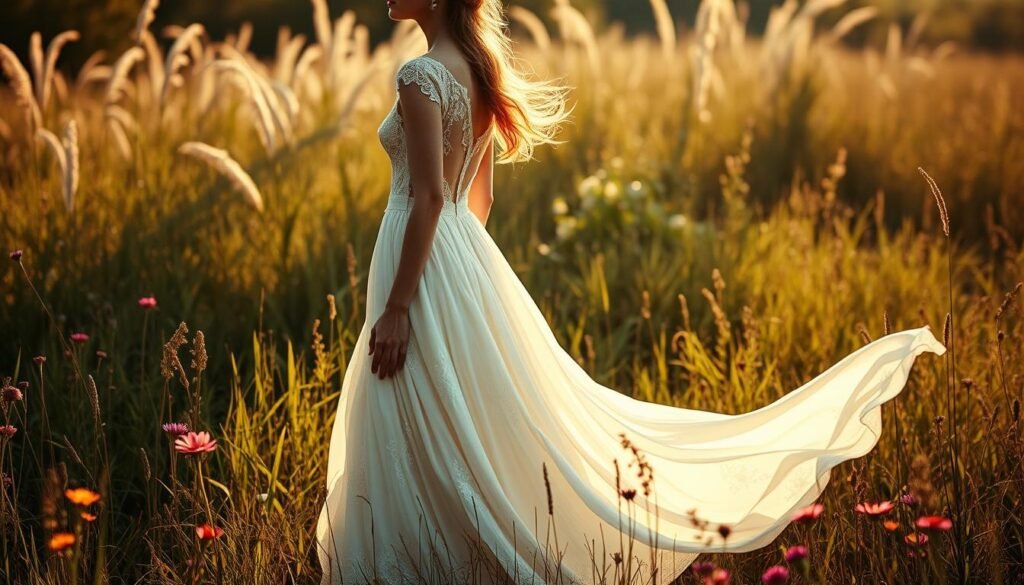 A dreamy, vintage-inspired boho wedding dress in a lush, romantic setting. A long, flowing silhouette with intricate lace details and delicate floral embroidery. The dress moves gracefully in a soft breeze, the light catching the shimmering, ivory satin. The model stands in a sun-dappled meadow, surrounded by tall, wild grasses and clusters of wildflowers in vibrant hues. The lighting is warm and hazy, creating a nostalgic, ethereal atmosphere. Capture the essence of a timeless, bohemian bridal look in this image.