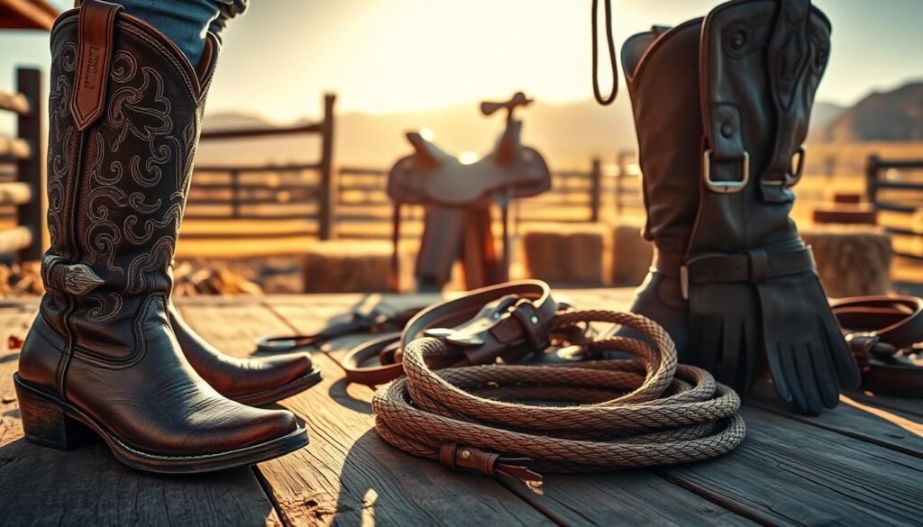 A dynamic rodeo scene with vibrant colors and a rugged, western aesthetic. In the foreground, a cowgirl's boots with intricate leather detailing, spurs, and a worn, weathered belt with a large buckle. In the middle ground, a saddle, lasso, and leather gloves laid out on a wooden surface, casting dramatic shadows. The background features a wooden fence, hay bales, and a sun-drenched landscape with distant mountains. The lighting is warm and golden, creating a sense of energy and anticipation for the upcoming rodeo events. The overall composition evokes the spirit of the rodeo season and the essential gear needed for this thrilling sport.