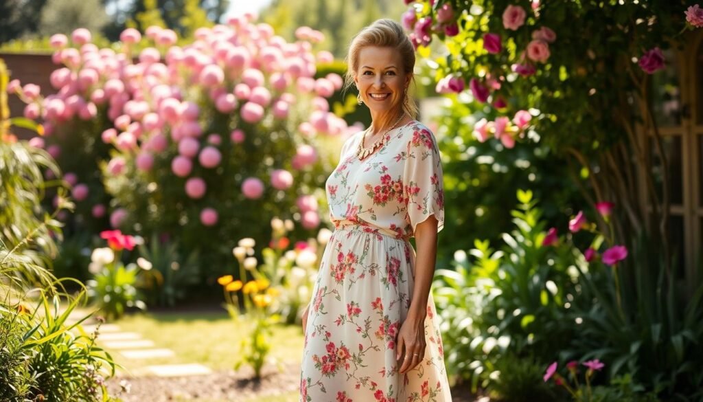A fashion editorial photoshoot in a lush, sun-dappled garden. In the foreground, a stylish woman in her 50s confidently models a lightweight, floral-printed midi dress, accentuated by delicate sandals and a statement necklace. Her hair is swept up in a chic updo, as she gazes directly at the camera with a warm, inviting expression. The middle ground features a mix of blooming flowers and verdant foliage, creating a vibrant, colorful backdrop. Soft, diffused natural lighting illuminates the scene, casting gentle shadows and highlights. The overall mood is one of effortless elegance, capturing the essence of seasonal style for women over 50.