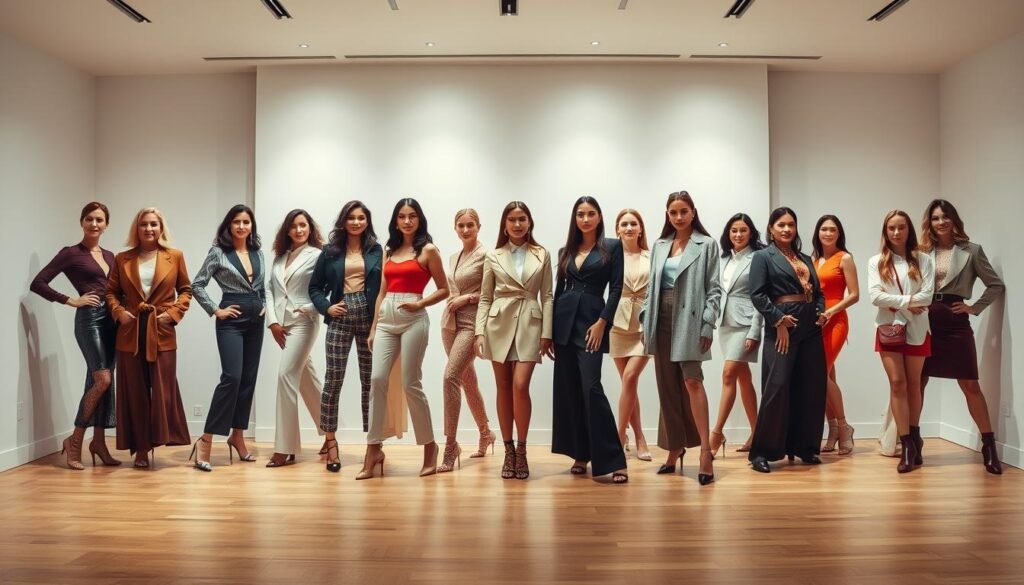 A fashion-forward tableau featuring iconic style influencers in a sleek, gallery-like setting. In the foreground, a dynamic arrangement of glamorous poses and alluring expressions from a diverse cast of legendary fashion icons, their impeccable outfits reflecting the essence of timeless chic. The middle ground showcases an elegant, minimalist backdrop of white walls and hardwood floors, allowing the subjects to take center stage. Soft, directional lighting accentuates the polished, high-fashion aesthetic, while a subtle chromatic palette of muted tones and subtle highlights lends an air of sophistication. The overall composition conveys a sense of timeless elegance and sartorial inspiration, capturing the enduring influence of these fashion trailblazers.