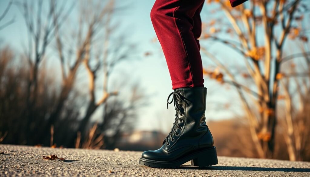 A fashionable figure stands against a crisp, autumnal backdrop, showcasing a pair of Chanel combat boots in a seasonal styling. The boots, gleaming with a chic black leather finish, are the focal point, complemented by a tailored pantsuit in a rich burgundy hue. The model's pose exudes confidence and an effortless, high-fashion aesthetic. Warm, directional lighting accentuates the textural details of the boots, casting dramatic shadows and creating a sense of depth. The overall scene evokes a blend of edgy and elegant, perfectly capturing the essence of Chanel's combat boot styling for the current season.