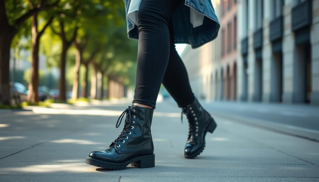 A fashionable woman casually strolling down a city street, wearing a pair of chic Chanel combat boots. The boots are the focal point, with their sleek black leather construction, silver hardware, and subtly embossed Chanel logo. Her outfit complements the boots perfectly - a relaxed denim jacket, a breezy white blouse, and slim-fitting black pants. The lighting is soft and natural, casting gentle shadows that accentuate the boots' sharp silhouette. The background is a blend of urban elements - a tree-lined sidewalk, a row of nondescript buildings, and the faint haze of a sunny day. The overall mood is one of effortless style and modern sophistication.