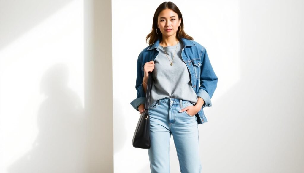 A fashionable woman stands confidently in a stylish gray shirt outfit. The shirt is a soft, heather-gray cotton blend with a slightly oversized, relaxed fit. She pairs it with high-waisted, light-wash blue jeans that flatter her figure. Atop the outfit, she wears a structured, boxy denim jacket in a complementary medium-blue shade. Her accessories include simple gold hoop earrings, a delicate pendant necklace, and a black leather tote bag. The lighting is natural, creating soft shadows and highlights that accentuate the outfit's textures. The background is a minimalist, studio-style setting with a plain white wall, allowing the outfit to be the focal point. The overall mood is casual yet sophisticated, reflecting the versatility and style of a well-curated gray shirt ensemble.
