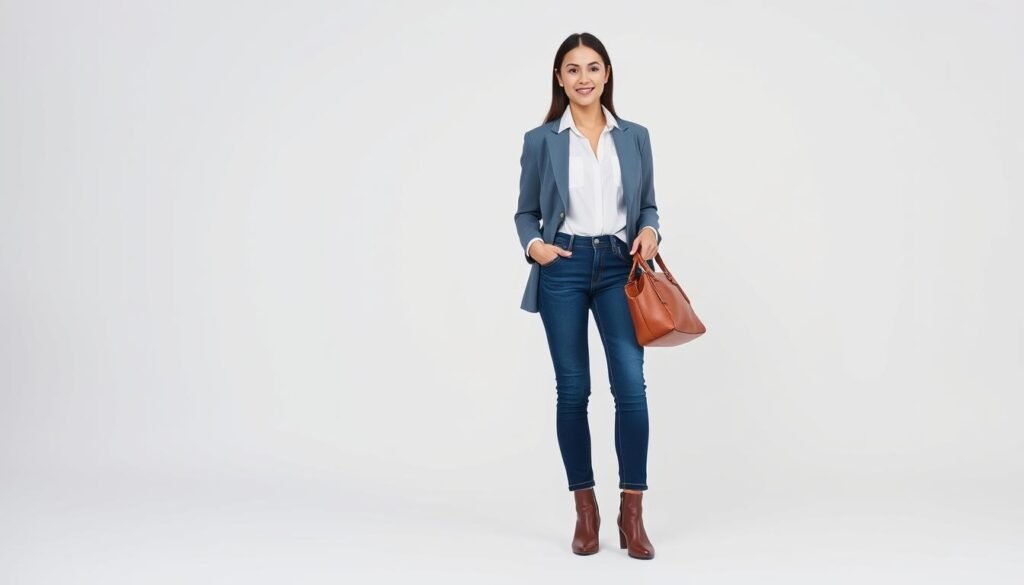 A fashionable woman stands confidently in a well-lit studio, showcasing stylish jeans wear. The foreground features her tailored denim ensemble - slim-fit mid-rise jeans, paired with a tucked-in blouse and a fitted blazer. The middle ground highlights her elegant accessories, including a leather tote bag and leather boots with a modest heel. The background is a plain white seamless backdrop, creating a clean, minimalist feel that allows the jeans outfit to be the focal point. Soft, even lighting from multiple angles accentuates the texture and fit of the denim. The model's poised, relaxed posture and subtle smile convey an effortless, versatile look suitable for both casual and semi-formal occasions.