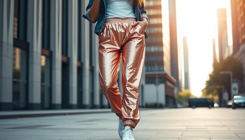 A fashionable woman strolling down a city street, wearing a pair of shimmering rose gold sequin jogger pants that catch the afternoon light. The pants have a relaxed, sporty silhouette with a high-waisted fit and tapered legs. Her outfit is completed with a simple white tank top, a denim jacket, and sleek white sneakers. The scene is set against the backdrop of a modern urban environment, with towering buildings and a hint of greenery in the distance. The lighting is soft and diffused, creating a warm, inviting atmosphere that complements the luxurious texture of the sequined pants. The woman's pose is relaxed and confident, embodying the effortless style of the rose gold sequin jogger street style ensemble.