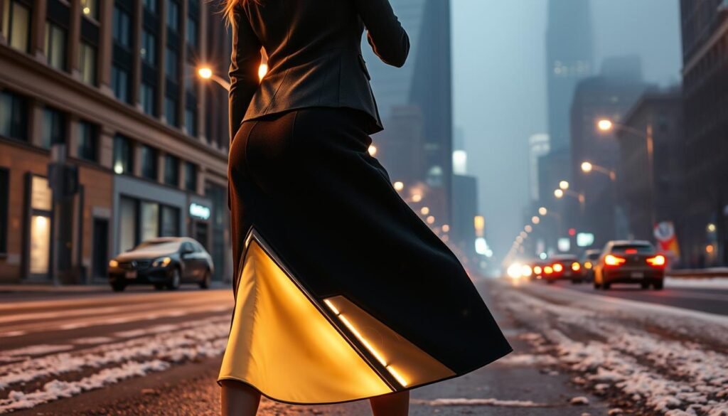 A fashionable woman strutting down a dimly lit city street on a frosty winter night, wearing a sleek, high-tech midi skirt that subtly glows with an ambient warmth, the soft light accentuating the contours of the fabric. The skirt's metallic accents catch the streetlights, creating a dazzling, futuristic effect. The woman's confident stride and tailored, sophisticated ensemble convey a sense of empowered, tech-infused femininity. In the background, a hazy cityscape with towering skyscrapers shrouded in a light snowfall, evoking a moody, atmospheric ambiance.