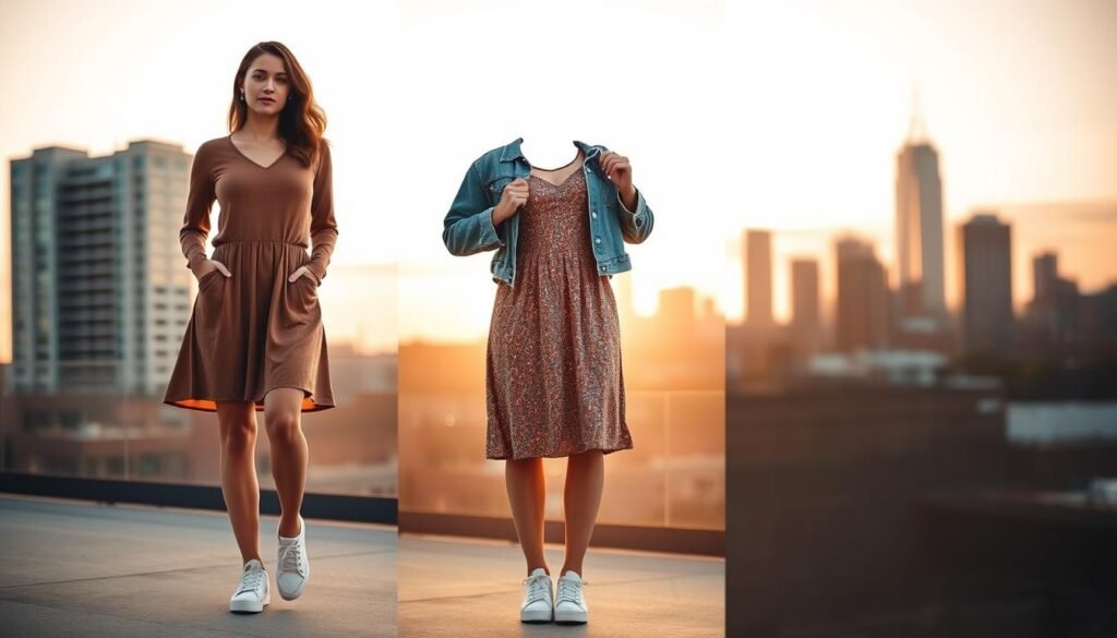A fashionable woman transitioning her outfit from day to night. In the foreground, she stands confidently in a casual, comfortable dress paired with classic white sneakers. The middle ground shows her removing a denim jacket, revealing a subtly glittering, more formal dress underneath. The background depicts a city skyline bathed in the warm glow of sunset, creating a sense of timelessness and transition. Soft, directional lighting highlights the textural details of the fabrics and accentuates the woman's graceful movements. The scene conveys a narrative of effortless style and adaptability, capturing the essence of going from casual to chic with ease.