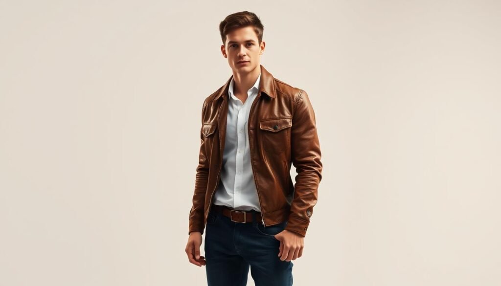 A fashionable young man standing confidently in a well-lit studio, wearing a high-quality, supple brown leather jacket with a slightly distressed finish. The jacket has a classic, tailored silhouette that accentuates his broad shoulders and slim waist. Underneath, he sports a crisp white button-down shirt, neatly tucked into a pair of dark, slim-fit jeans. His outfit is completed by a sleek pair of leather dress shoes, polished to a shine. The overall look exudes a sense of sophisticated, urban style, with the lighting casting a warm, flattering glow on the subject, emphasizing the richness of the leather and the sharp, clean lines of the ensemble.