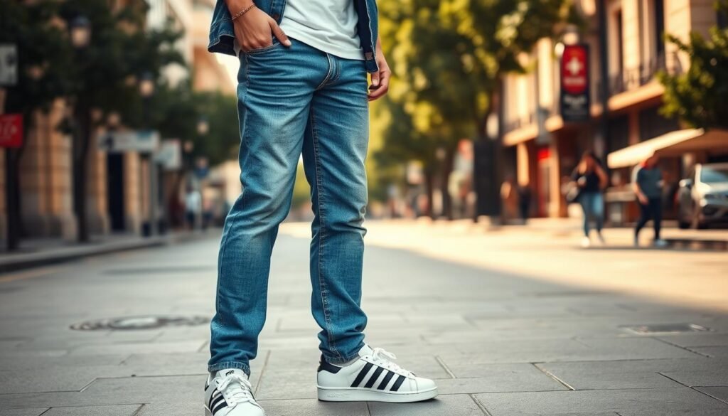 A fashionable young person standing in a urban setting, wearing a stylish combination of blue denim jeans and classic white Adidas sneakers. The jeans are well-fitted with subtle distressing, paired with a simple white t-shirt and a denim jacket. The Adidas shoes have the iconic 3-stripe design in black. The scene is bathed in warm, natural lighting, conveying a casual, effortless vibe. The background features a city street with buildings, trees, and a hint of pedestrian activity, creating a contemporary, streetwear-inspired atmosphere.