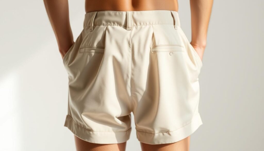 A finely-crafted pair of Parker Shorts, showcased in a crisp, well-lit studio setting. The soft, lightweight fabric in a neutral tone cascades gracefully, highlighting the clean, minimalist design. The camera captures the shorts from a mid-level angle, emphasizing the tailored waistband, subtle front pleats, and the subtle sheen of the material. Attention is drawn to the carefully stitched seams and the understated yet stylish side pockets. The lighting, slightly soft and diffused, casts gentle shadows that accentuate the textural details, creating a sense of depth and sophistication. The overall mood is one of effortless elegance, hinting at the versatility and timeless appeal of these summer-ready shorts.