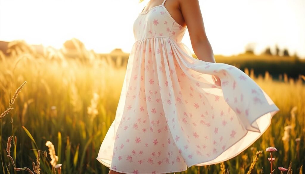 A flowing, knee-length summer dress with spaghetti straps and a delicate floral print in soft pastel hues. The dress billows gently in a light summer breeze, accentuating the model's figure. She stands in a sun-dappled field, surrounded by tall grasses and wildflowers. Warm, golden sunlight bathes the scene, creating a serene and inviting atmosphere. The camera captures the dress from a low angle, emphasizing the feminine silhouette and the beautiful, natural setting. The overall mood is one of effortless summer elegance and affordable style.