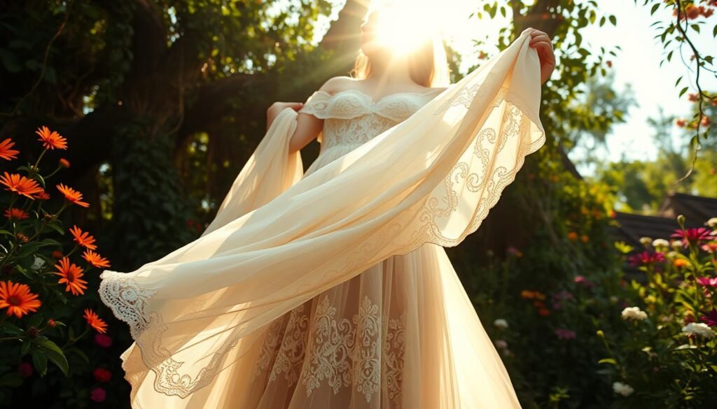 A flowing, off-the-shoulder lace boho wedding dress, with delicate embroidered patterns across the bodice and cascading sleeves. The skirt flares out softly, creating a romantic, ethereal silhouette. Sunlight filters through sheer fabric, casting a warm, golden glow. In a lush, overgrown garden setting, surrounded by vibrant wildflowers and trailing vines. Camera angle is slightly low, capturing the full elegance of the dress and the dreamy, whimsical atmosphere.