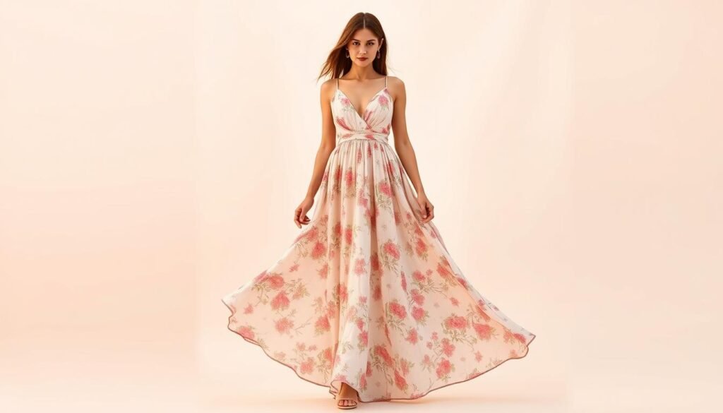 A flowy, ankle-length maxi dress in a soft, floral print. The dress has a high, empire waist and a gently flowing, A-line silhouette that gracefully skims the figure. Delicate spaghetti straps and a deep V-neckline create a feminine, flattering look. The dress is photographed against a soft, blurred background, with warm, diffused lighting that highlights the dress's flowing movement and ethereal quality. The overall mood is serene, elegant, and versatile, capturing the essence of a stylish, body-flattering maxi dress.