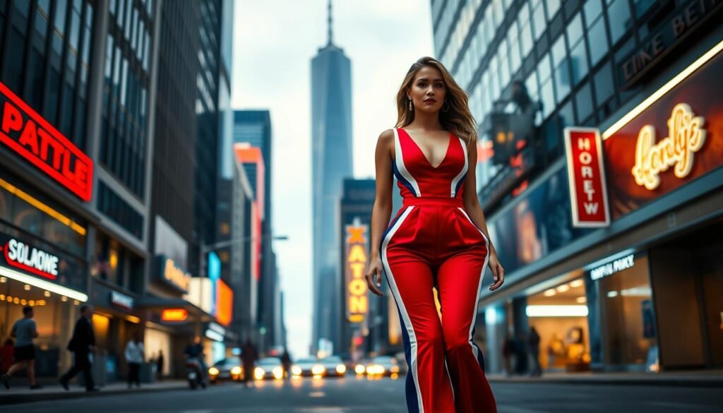 A glamorous celebrity strutting down a city street, sporting a chic retro-modern outfit. In the foreground, a figure in a sleek, fitted jumpsuit in a bold red, white, and blue color palette, accented with retro-inspired details like a wide cinched waist and flared legs. The middle ground features towering skyscrapers and neon lights, casting a vibrant, futuristic glow. Soft, directional lighting illuminates the celebrity's face, creating a captivating, high-fashion editorial feel. The overall mood is one of effortless style, where past and present collide in a striking, visually stunning display of celebrity fashion.