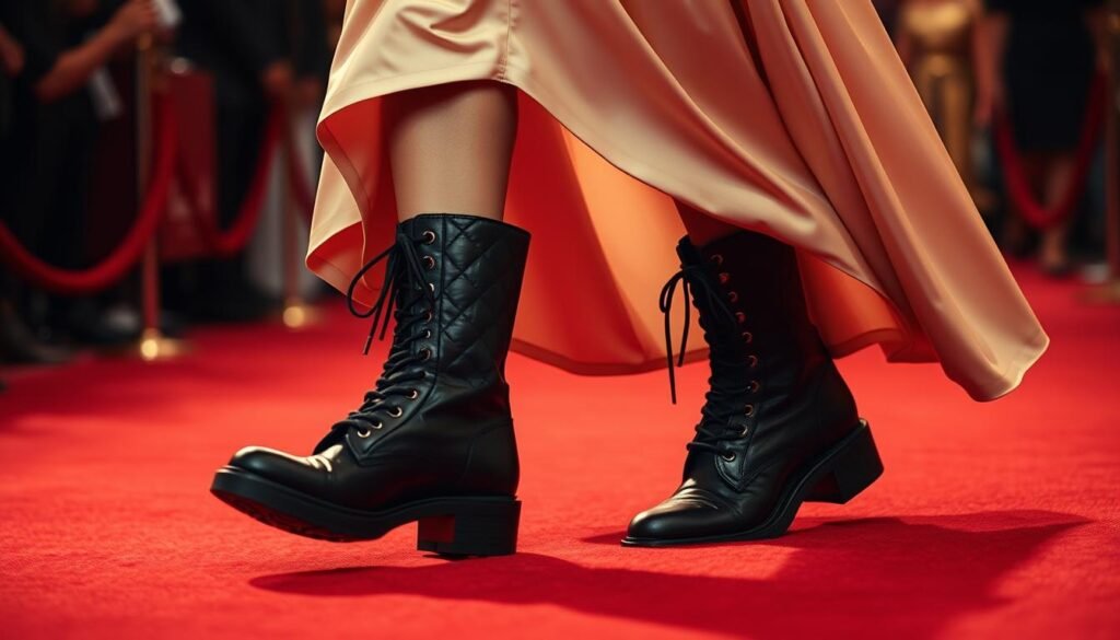 A glamorous celebrity walks the red carpet, effortlessly commanding attention in a pair of iconic Chanel combat boots. The boots, adorned with the brand's signature quilted pattern and shiny hardware, stand out against the plush crimson carpet. Overhead, soft lighting casts a warm, flattering glow, accentuating the boots' sleek silhouette. The celebrity's long, elegant gown cascades around the combat boots, creating a striking juxtaposition of high fashion and rugged style. The background is blurred, keeping the focus solely on the standout footwear and its wearer, exuding confidence and a touch of rebellious chic.