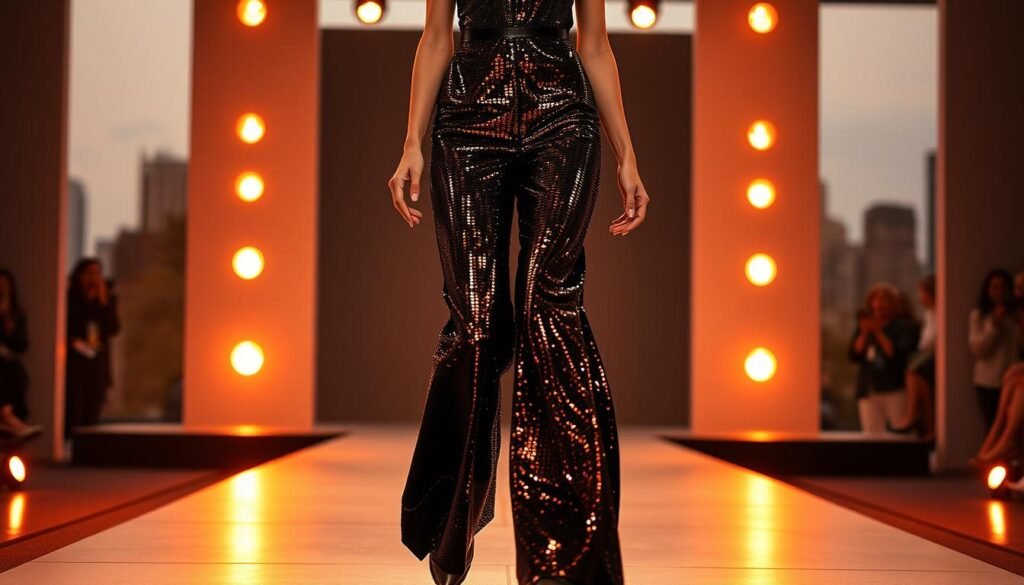 A glamorous fashion runway showcasing the latest sequin pants trends for 2025. In the foreground, a stunning model struts down the catwalk, wearing a pair of high-waisted, wide-leg sequin pants that shimmer and sparkle under the warm, dramatic lighting. The pants have a bold, metallic sheen that reflects the flashes of the paparazzi cameras. In the middle ground, the runway is framed by sleek, modern set design elements in muted tones, creating a sophisticated, high-fashion ambiance. The background features a minimalist, urban skyline, hinting at the global influence and trendiness of these sequin pants. The overall scene exudes a sense of glamour, opulence, and the unstoppable momentum of the sequin pants fashion movement.