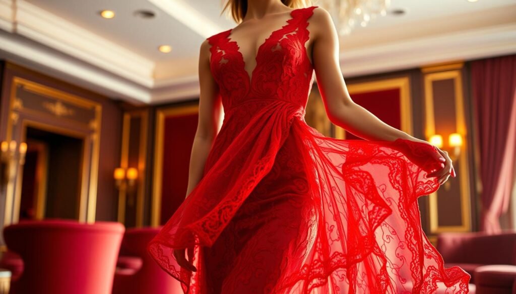A glamorous red lace dress, its intricate patterns shimmering in a soft, warm light. The figure of a woman stands center stage, the dress cascading elegantly around her form. The background is a sophisticated setting, perhaps a luxury hotel ballroom or a lavish event venue, with hints of gold accents and plush, velvet furnishings. The mood is one of refined elegance and effortless sophistication, capturing the essence of a truly special occasion.