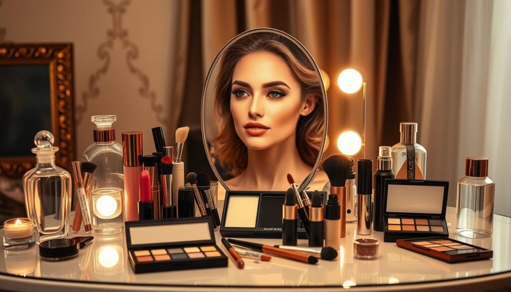 A glamorous vanity table set against a luxurious backdrop, featuring an array of high-end makeup products. Soft, warm lighting illuminates the scene, casting a flattering glow on the surface. Elegant glass bottles, brushes, and palettes are artfully arranged, conveying a sense of professional expertise. The composition draws the viewer's eye to the center, where a mirror reflects the face of a model with a flawless fall makeup look - radiant skin, bold eyes, and a rich, autumnal lip color. The overall atmosphere exudes sophistication, authority, and a touch of effortless beauty.