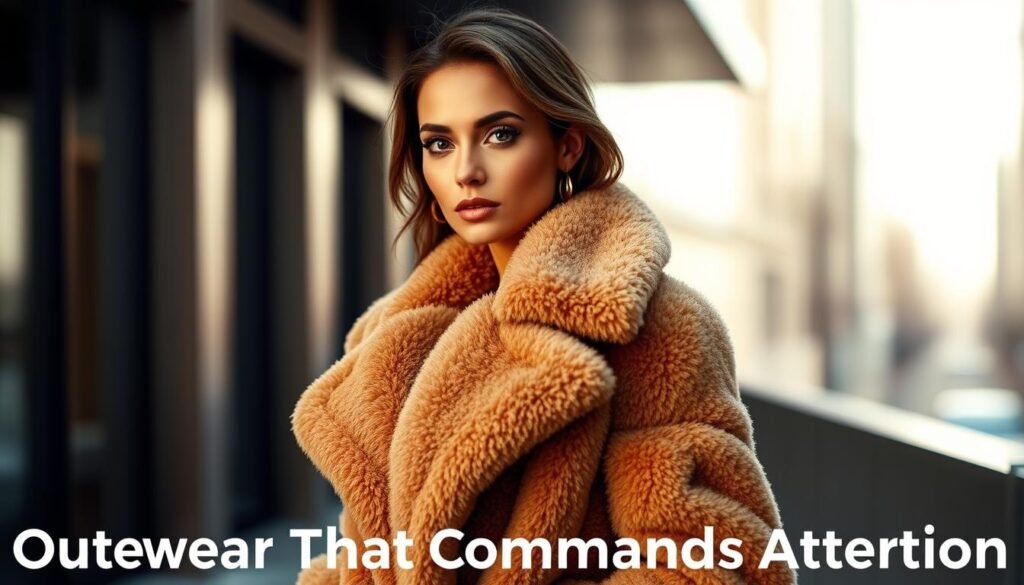 A glamorous woman exuding confident elegance, wrapped in a chic Max Mara Teddy Bear Coat. The plush, camel-colored fabric cascades gracefully, accentuating her figure. Soft, natural lighting illuminates her face, casting a warm, alluring glow. She stands in a sleek, sophisticated urban setting, the background blurred to focus attention on her commanding presence. The coat's luxurious texture and tailored silhouette convey a sense of effortless sophistication, perfectly embodying the section's theme of "Outerwear That Commands Attention".