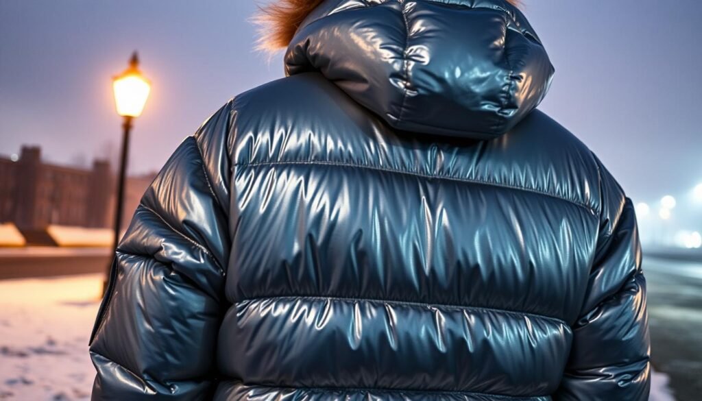 A gleaming metallic puffer jacket, its shimmering silver-toned surface catching the soft glow of a streetlamp on a frosty winter night. The jacket's voluminous silhouette and high collar provide warmth and protection against the cold, while the sleek, modern lines and reflective finish lend an air of fashionable sophistication. In the foreground, the jacket is the focal point, its metallic texture rendered in intricate detail. In the middle ground, a light dusting of snow covers the ground, hinting at the wintry setting. In the background, the hazy outlines of a cityscape gradually fade into the distance, suggesting an urban environment. The overall atmosphere is one of stylish, modern elegance, perfectly suited for a night out on the town during the winter season.