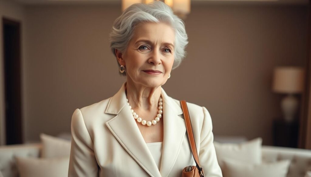 A graceful and refined older woman with an air of sophistication, wearing a high-quality tailored pantsuit in a neutral color palette of creams and beiges. The fabric has a subtle sheen, creating a luxurious texture. Her accessories are minimal yet elegant - a pearl necklace, simple hoop earrings, and a leather handbag. The lighting is soft and diffused, casting a warm, flattering glow on her face and highlighting the details of her ensemble. The background is a neutral, upscale interior with muted tones, allowing the focus to remain on the woman's timeless and polished appearance.